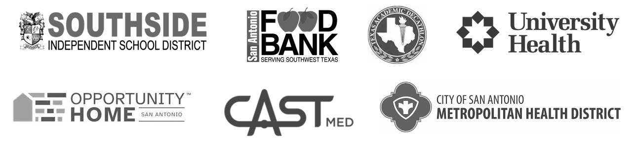 Logos from several CEP community partners such as the Food Bank and University Health